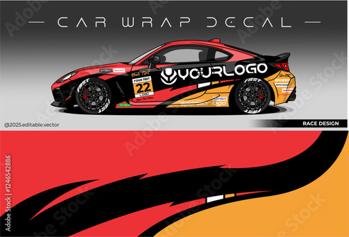 Car wrap design for Race car. Livery decal racing. Template design logo sponsor space.Red orange colour