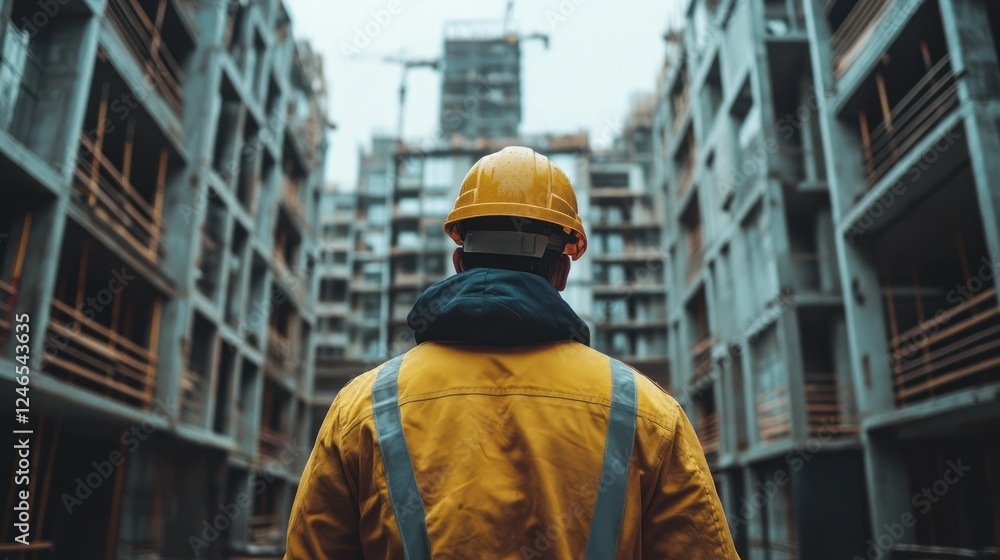 Construction worker standing between buildings. Construction worker standing between buildings.