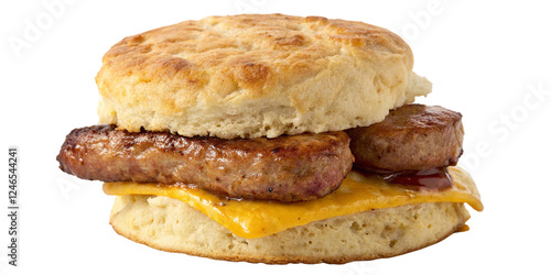 A sausage biscuit sandwich with a golden, flaky biscuit and a savory, perfectly cooked sausage patty, isolated on a transparent background.