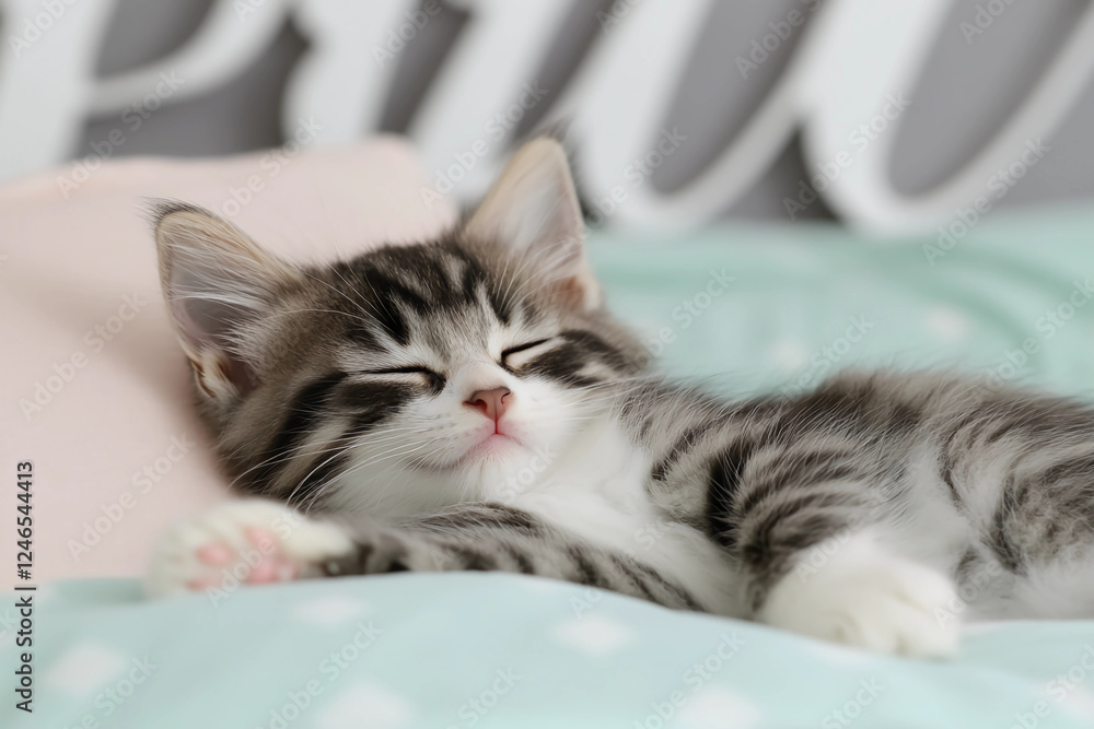 Cute gray and white kitten stretching and yawning on a pastel-colored bed, looking up with sleepy eyes, capturing a calm and cozy moment of rest Cute gray and white kitten stretching and yawning on a pastel-colored bed, looking up with sleepy eyes, capturing a calm and cozy moment of rest