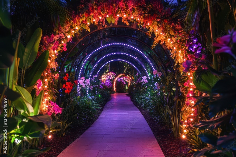 Illuminated orchid tunnel path, garden night, floral arch, romantic ambiance, event decor Illuminated orchid tunnel path, garden night, floral arch, romantic ambiance, event decor