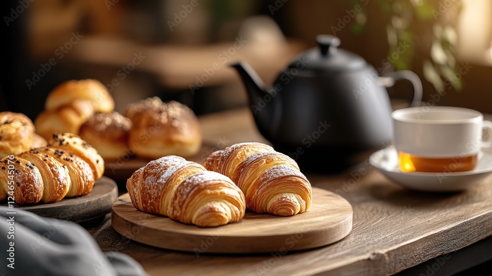 Fresh croissants and tea on wooden table Fresh croissants and tea on wooden table