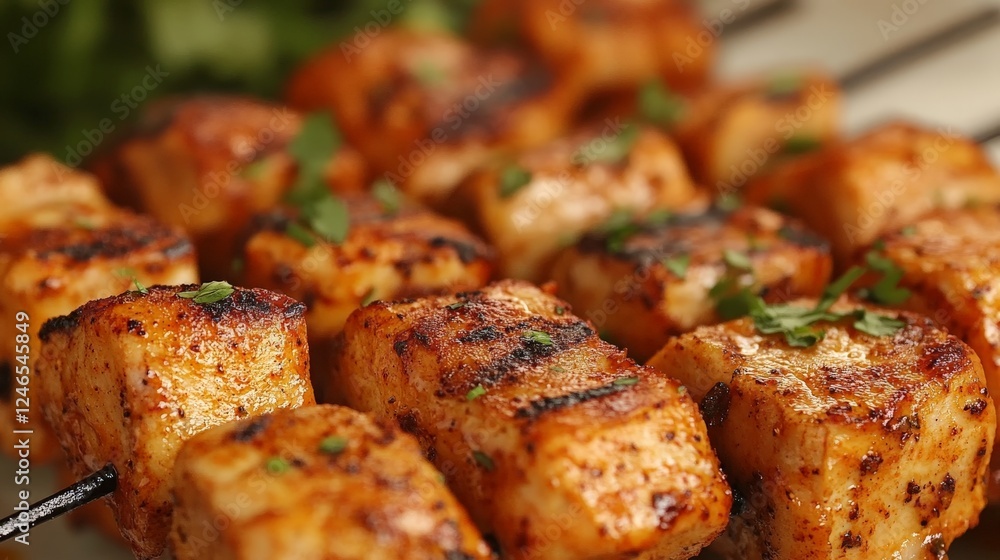 Grilled tofu skewers seasoned with spices and garnished with herbs. Grilled tofu skewers seasoned with spices and garnished with herbs.