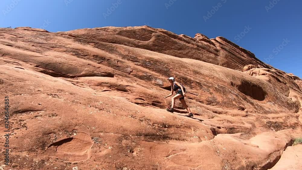 Hiking on Devil’s Garden Trail in Arch Park, surrounded by dramatic desert rock formations and vast blue skies.