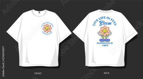 Flowers groove cartoon vector. Happy blooming t-shirt design, spring graphic illustration. Inspirational quotes for clothing design and merch