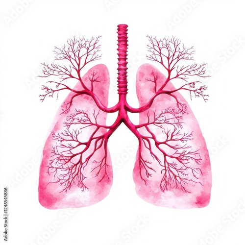 A detailed illustration of human lungs, showcasing the bronchial tree structure in vibrant pink hues against a white background. photo