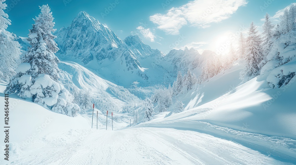 Fototapeta premium Snowy Mountain Vista: A Winter Wonderland Ski Slope
