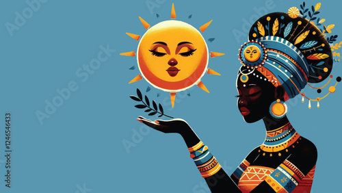 Traditional African beautiful black girl holds the sun digital painting artwork on blue background illustration 