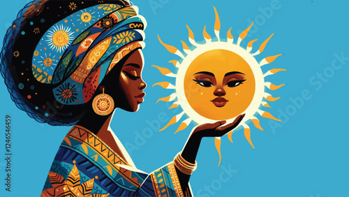 Traditional African beautiful black girl holds the sun digital painting artwork on blue background illustration 