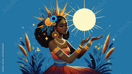 Traditional African beautiful black girl holds the sun digital painting artwork on blue background illustration 