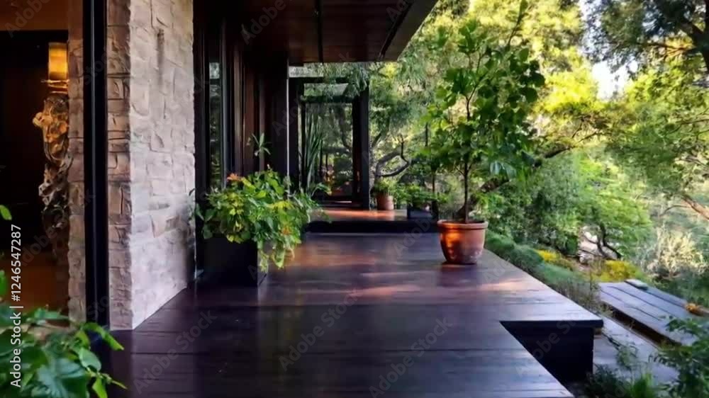 Modern home deck, hilltop view, potted plants, tranquil garden, architectural design, real estate Modern home deck, hilltop view, potted plants, tranquil garden, architectural design, real estate