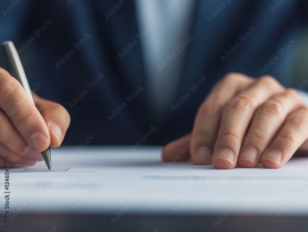 Fototapeta premium A professional man signing important documents, showcasing the significance of paperwork in a corporate environment.