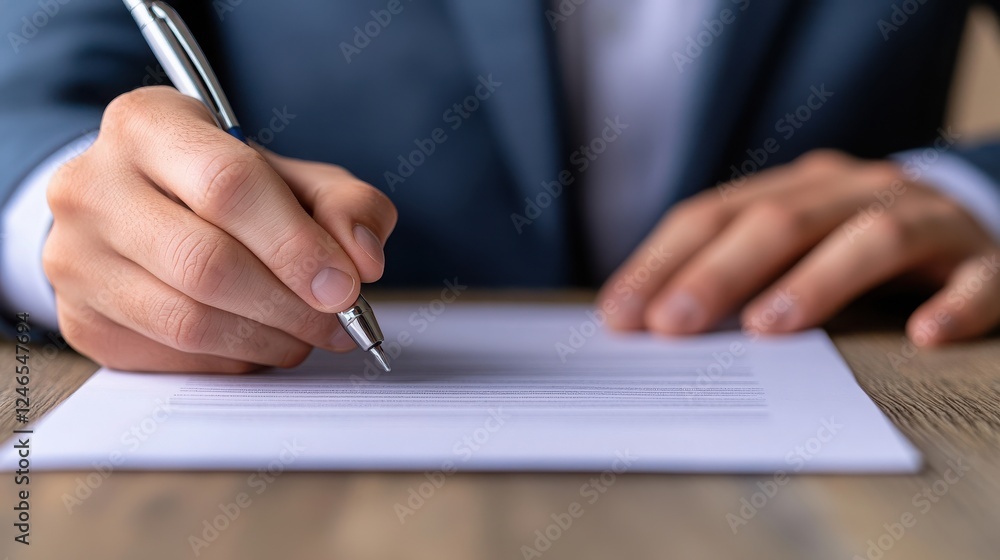 A professional man signing a document with a pen, showcasing the importance of paperwork in business transactions and agreements. A professional man signing a document with a pen, showcasing the importance of paperwork in business transactions and agreements.