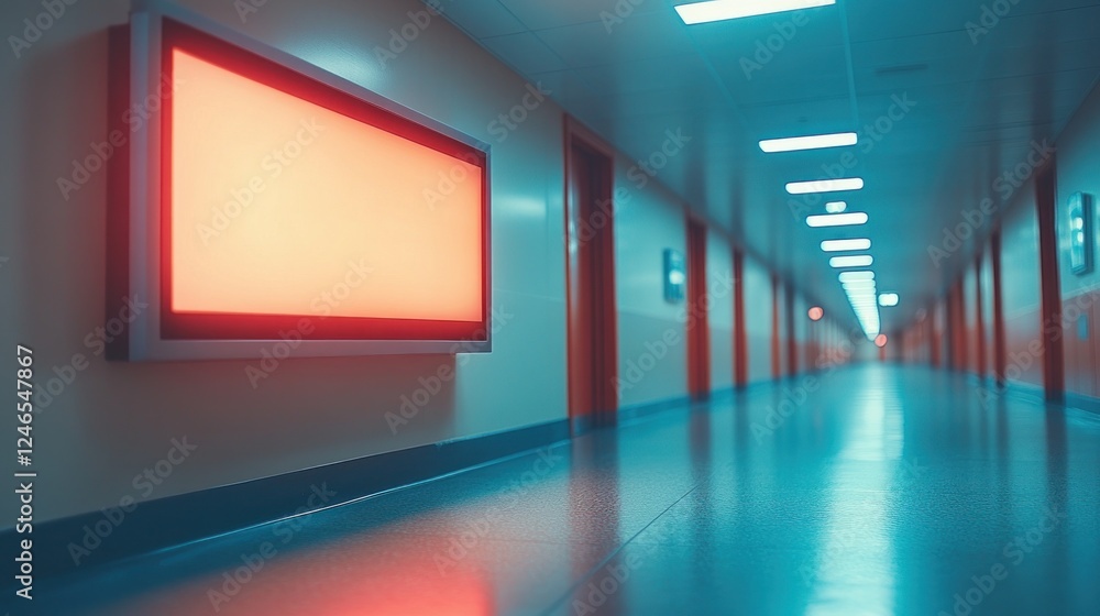 Hospital corridor, blank sign, glowing, modern, sterile Hospital corridor, blank sign, glowing, modern, sterile