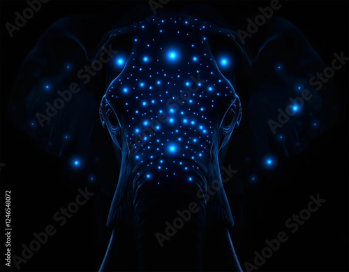 an elephant with a black background and a blue background with white dots on it s trunk and trunk