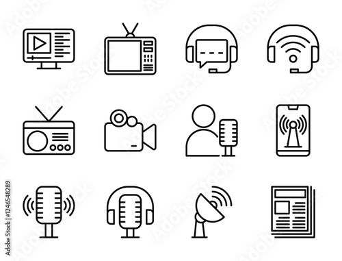 Broadcasting icon set, vector, in line style, for streaming, entertainment, video, business, content creator, creative, etc.