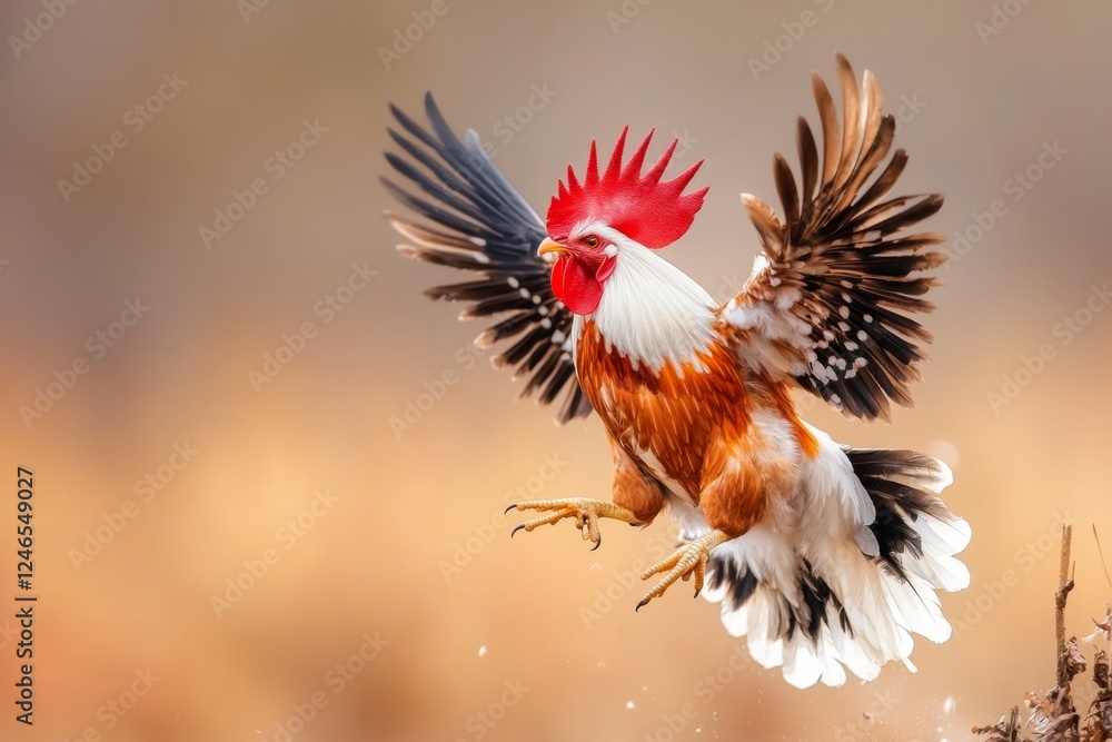 Fototapeta premium A fierce fighting rooster mid-strike, its talons extended and wings beating rapidly in a dramatic action pose