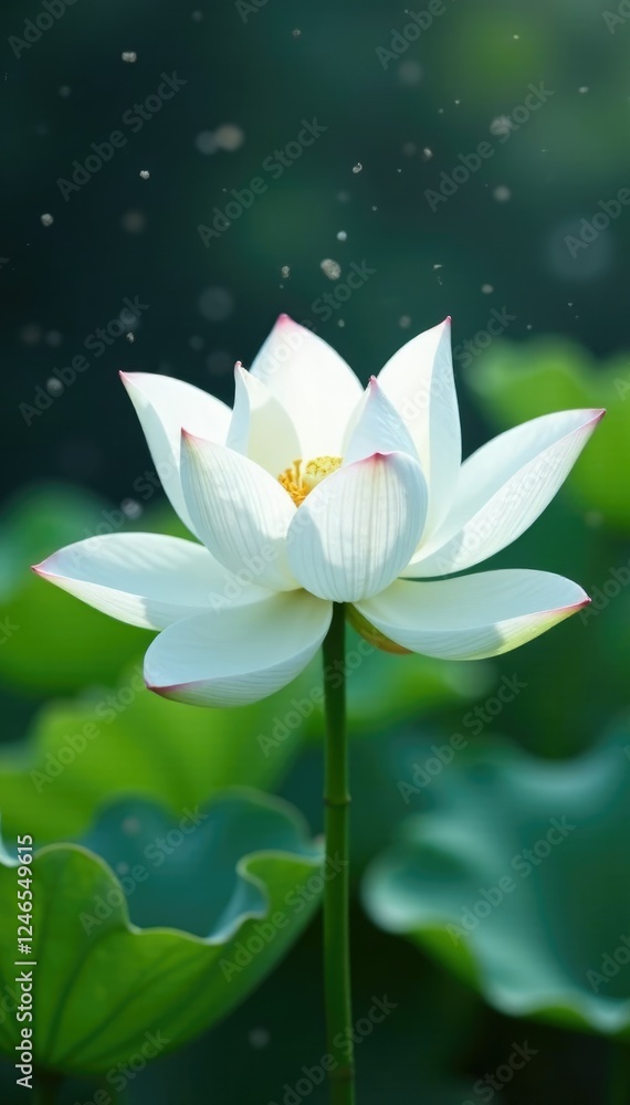 Fototapeta premium Delicate white lotus flower with intricate leaf on snowy background, nature, elegant