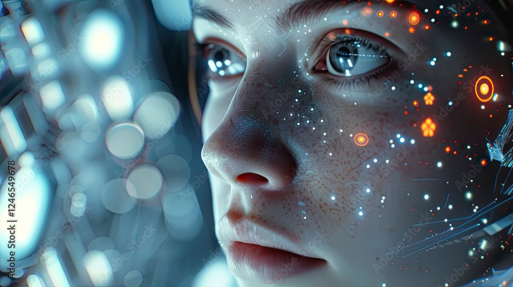 close up of AI face, AI robot face on abstract technology background close up of AI face, AI robot face on abstract technology background
