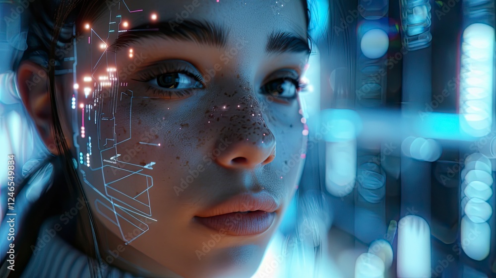 close up of AI face, AI robot face on abstract technology background close up of AI face, AI robot face on abstract technology background