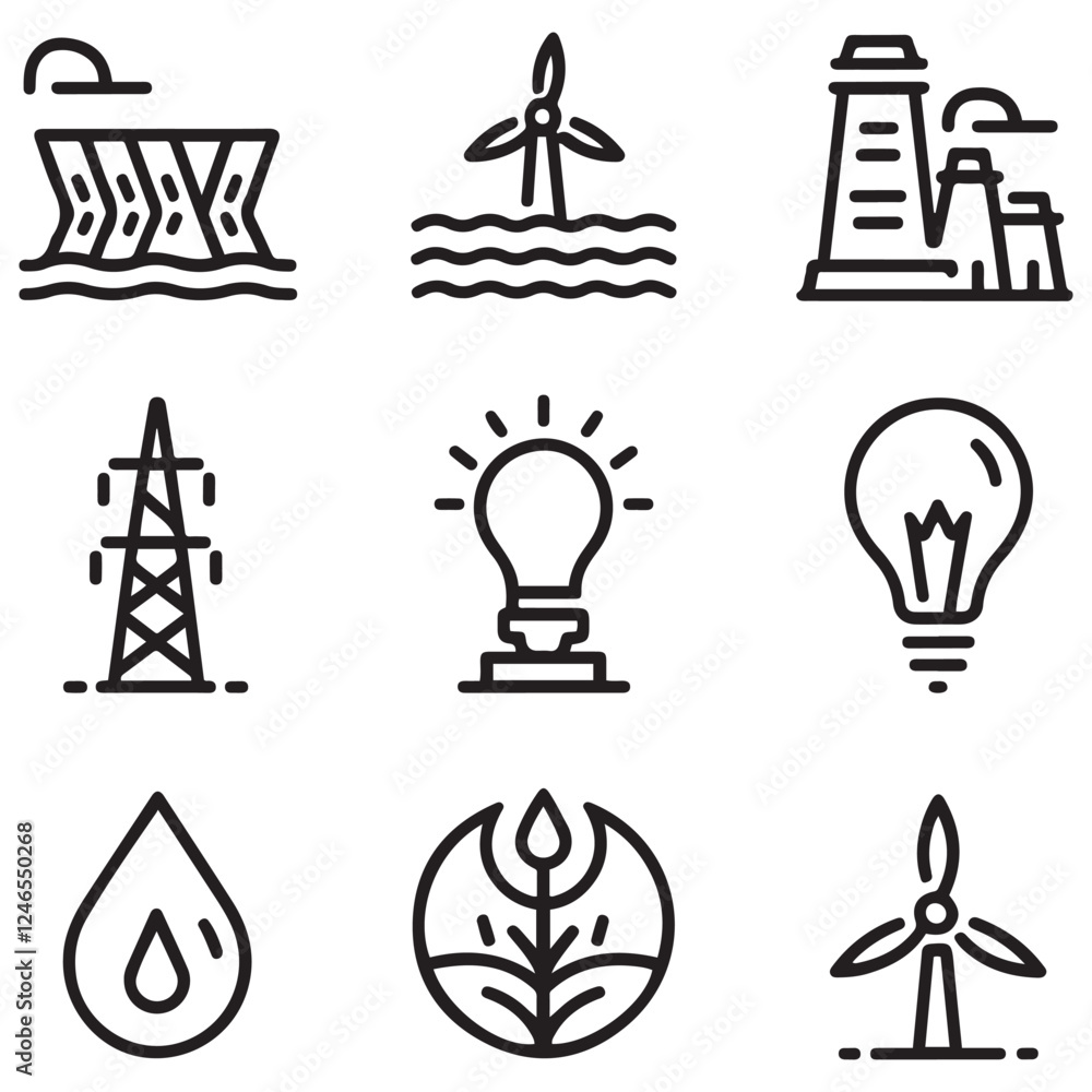 Set of outline icons related to hydropower. Linear icon collection. Editable stroke. Vector illustration Set of outline icons related to hydropower. Linear icon collection. Editable stroke. Vector illustration
