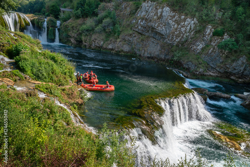 Rafting on the Una River, Waterfall in Strbacki buk on summer day, Una river. Bosnia and Herzegovina.