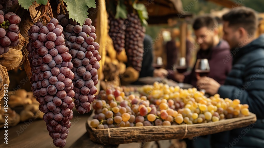 Close-up of ripe grapes at a lively wine festival, with people enjoying wine tasting in the background, set in a rustic village market atmosphere Close-up of ripe grapes at a lively wine festival, with people enjoying wine tasting in the background, set in a rustic village market atmosphere