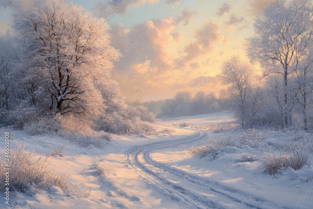 Fototapeta premium Serene Winter Landscape with Snow-Covered Trees and Winding Path at Sunset in a Tranquil Countryside Setting