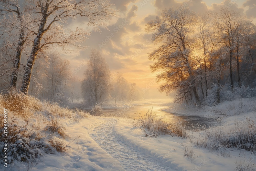 ** Serene Winter Landscape with Snow-Covered Trees and a Tranquil River at Sunrise Creating a Peaceful and Picturesque Scene..** ** Serene Winter Landscape with Snow-Covered Trees and a Tranquil River at Sunrise Creating a Peaceful and Picturesque Scene..**