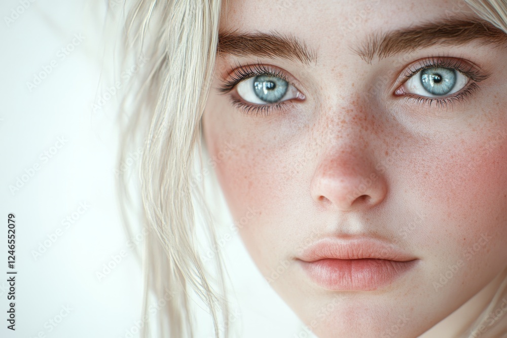 Portrait of a blonde woman, with soft features and captivating gaze. Blue-eyed blonde with radiant beauty and serene expression. Portrait of a blonde woman, with soft features and captivating gaze. Blue-eyed blonde with radiant beauty and serene expression.