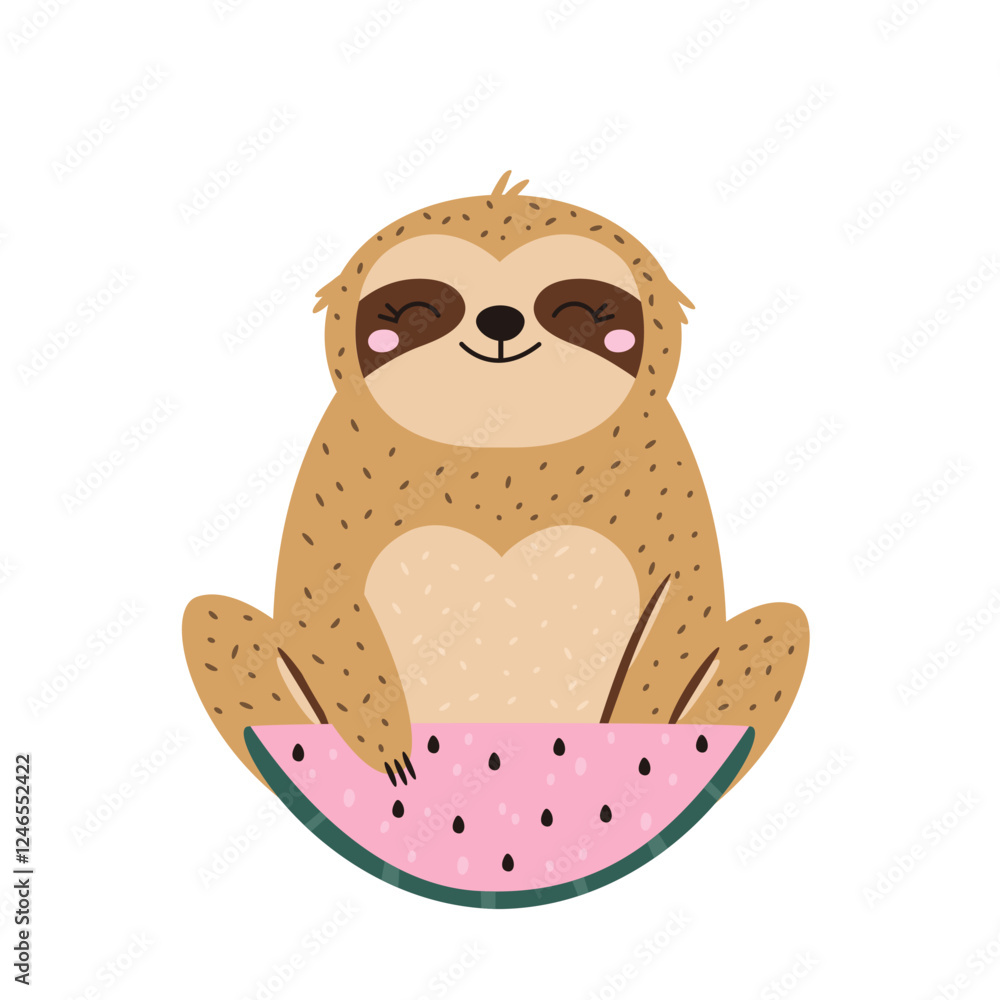 Fototapeta premium Vector illustration of cute sloth character sitting with juicy watermelon slice