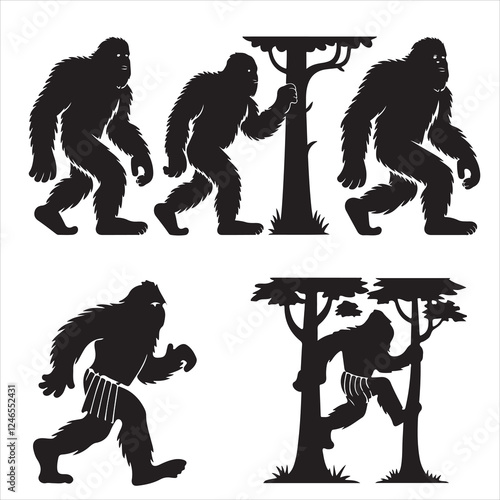 set of black various vector bigfoot silhouette	

