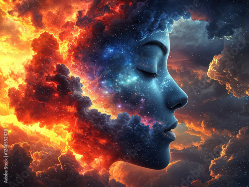 Unchaining the mind to reveal a galaxy of peaceful thoughts, transforming fear into serenity with vibrant colors of hope and rebirth in a dreamlike perspective