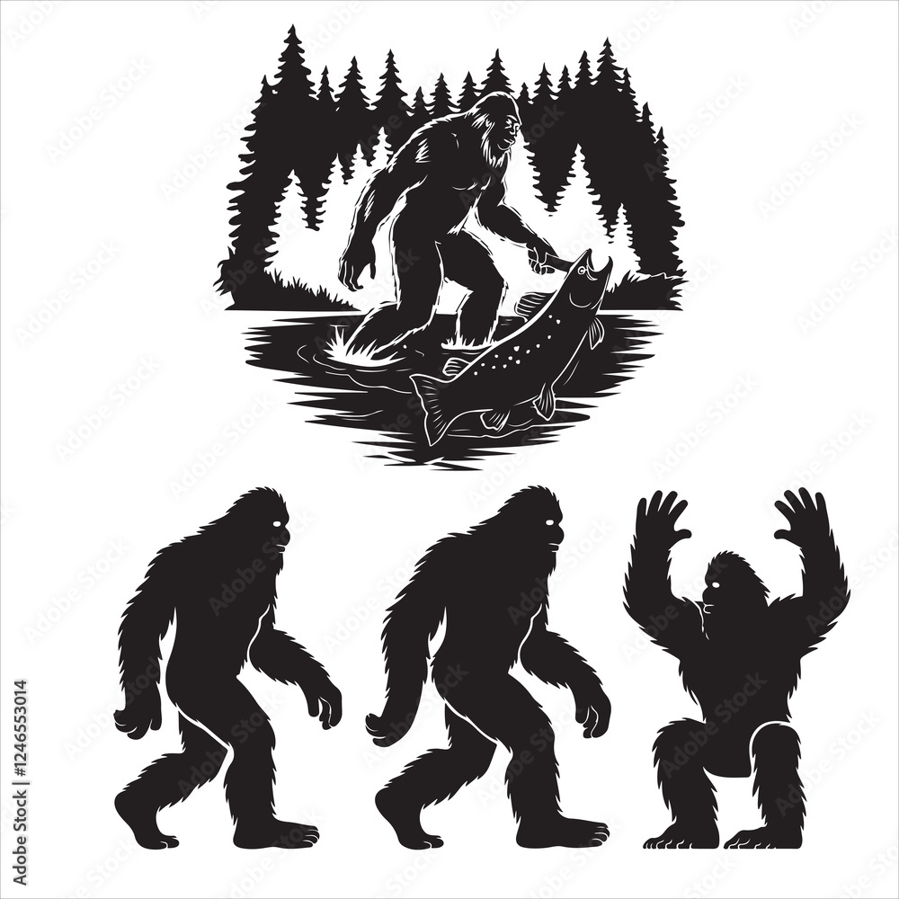 Fototapeta premium set of black various vector bigfoot silhouette 