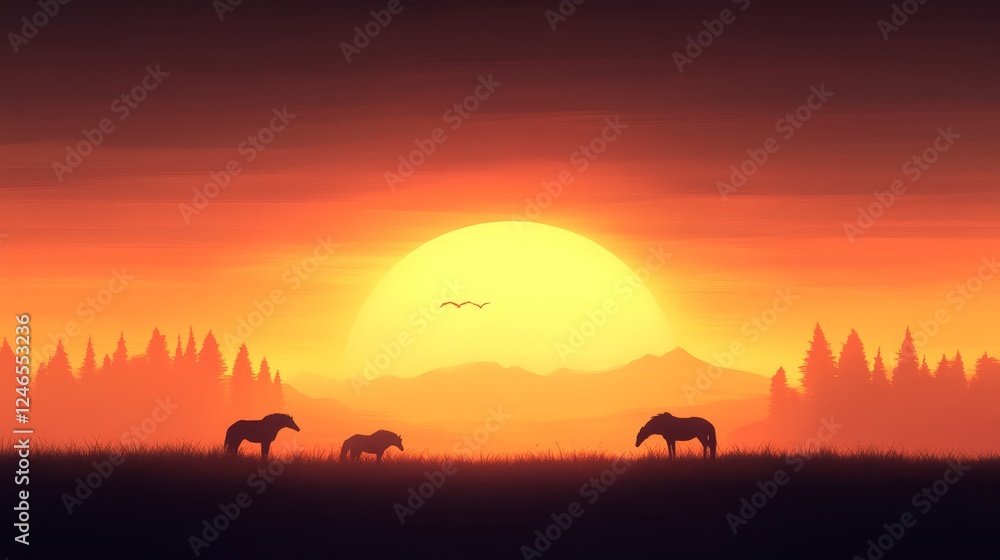 Wild Horses Silhouetted Against Vibrant Sunset Landscape Wild Horses Silhouetted Against Vibrant Sunset Landscape