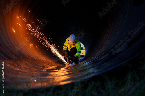 Engineers are drilling pipes for a new construction project of a large industrial building. photo