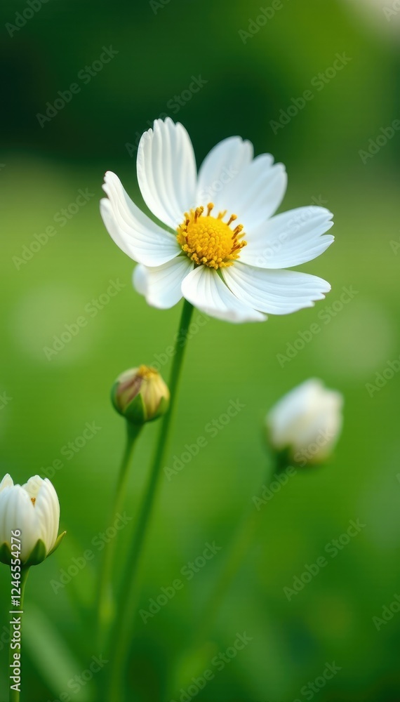 Delicate white petals unfurl on slender stems, meadow flowers, greenery Delicate white petals unfurl on slender stems, meadow flowers, greenery