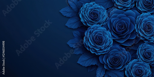 Fototapeta Naklejka Na Ścianę i Meble -  Navy Blue roses with leaves on dark background create serene atmosphere