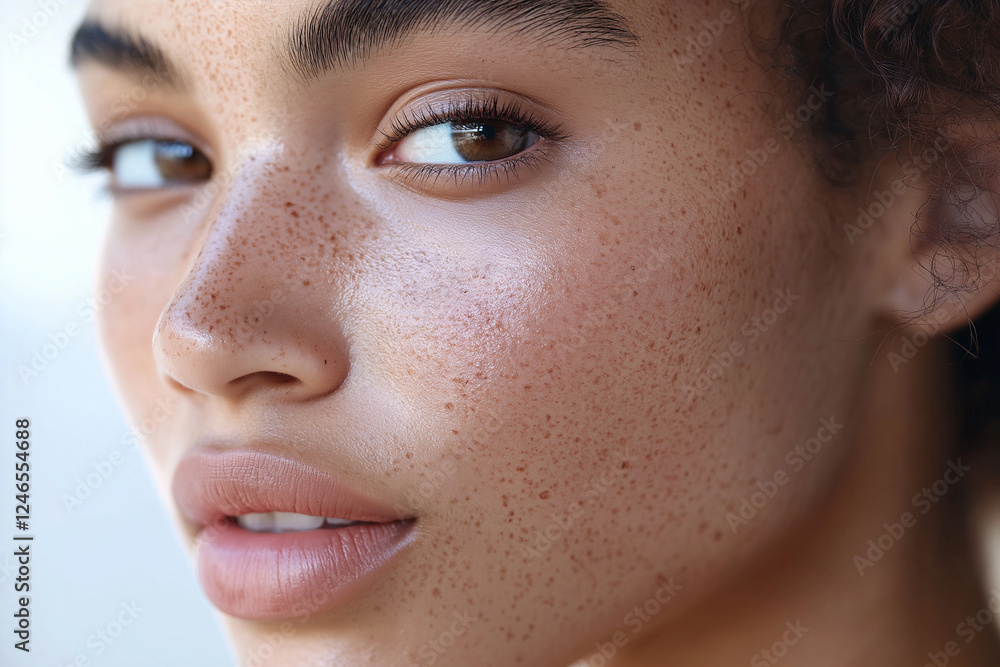 Fototapeta premium Close-up of a young woman face with freckles, natural beauty, and clear blue eyes, highlighting skin details and unique facial features.