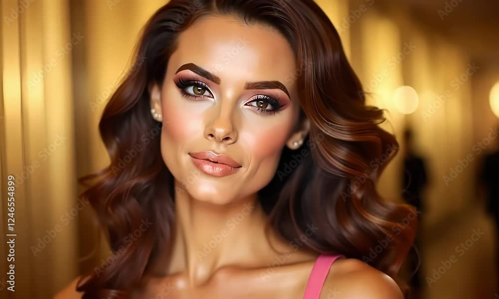 Celebrity-style red carpet makeup look featuring a glamorous model with perfect contouring, smoky eyes, and glossy nude lips. Celebrity-style red carpet makeup look featuring a glamorous model with perfect contouring, smoky eyes, and glossy nude lips.
