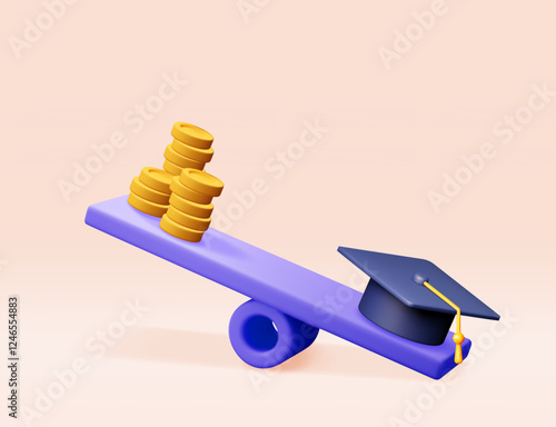 3D graduation cap and golden coins on scales. Render money with graduation hat on scales. Education cost concept. Money spending on education, investment in future. Vector illustration