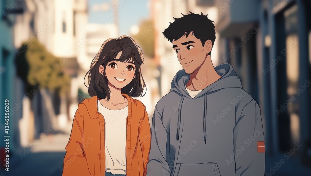 Fototapeta premium A romantic anime-style scene of a young woman in a red cardigan and white t-shirt, holding hands with her boyfriend in a gray hoodie as they walk through a city at sunset with a river view.