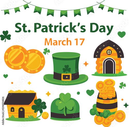 Happy St Patrick's Day Vector illustration on 17 March with Golden Coins