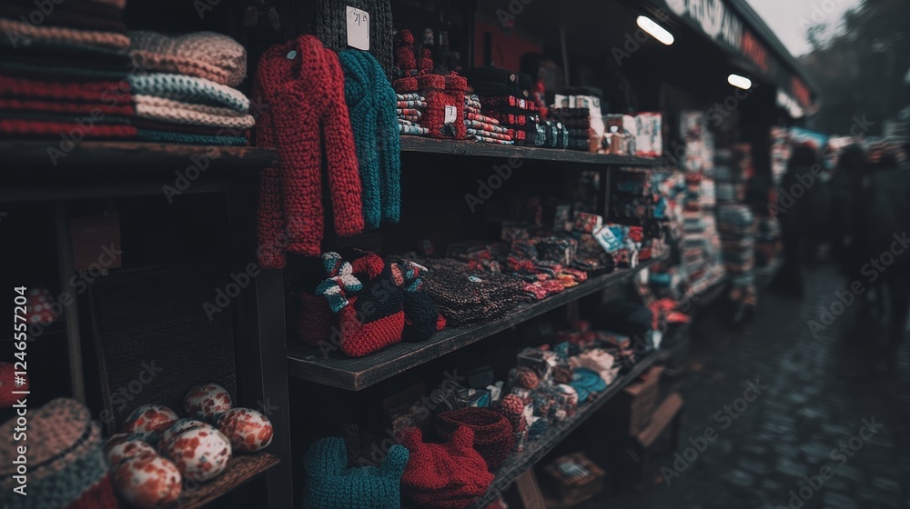 Naklejka premium Winter Market Stall Displays Handmade Knitwear Goods