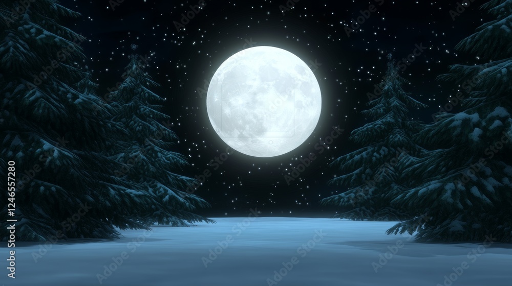 Naklejka premium Winter Night Scene Full Moon Snow Covered Trees