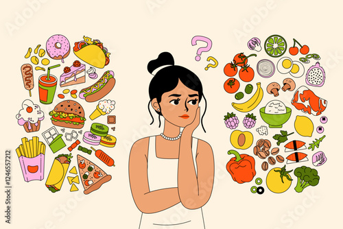 Healthy or unhealthy food. Fastfood vs health nutrition, woman chooses between good and bad meal, girl with junk snack and diet balanced meal. Vector cartoon illustration