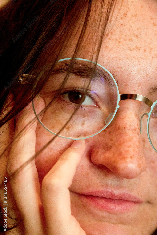 Close-up of a young woman with freckles wearing round glasses, gazing thoughtfully