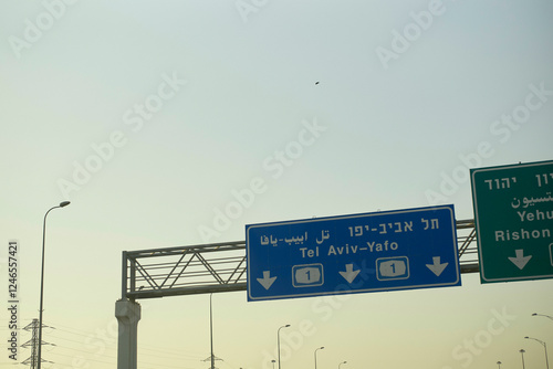 Road signs on a highway directing to Tel Aviv under a clear sky. Israel