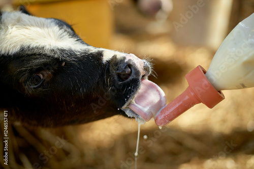 Calf drinking milk from a bottle, showcasing feeding and care in an agricultural setting. Israel photo