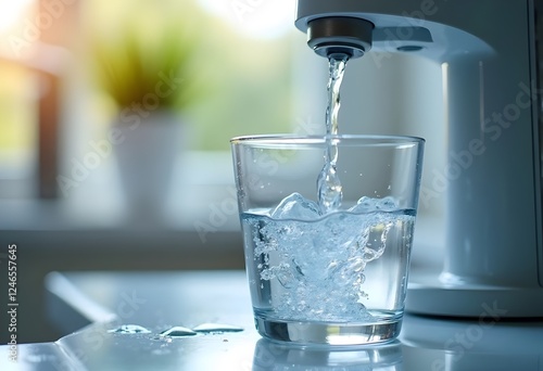 Purified Water Pouring into a Glass from a Filtration System